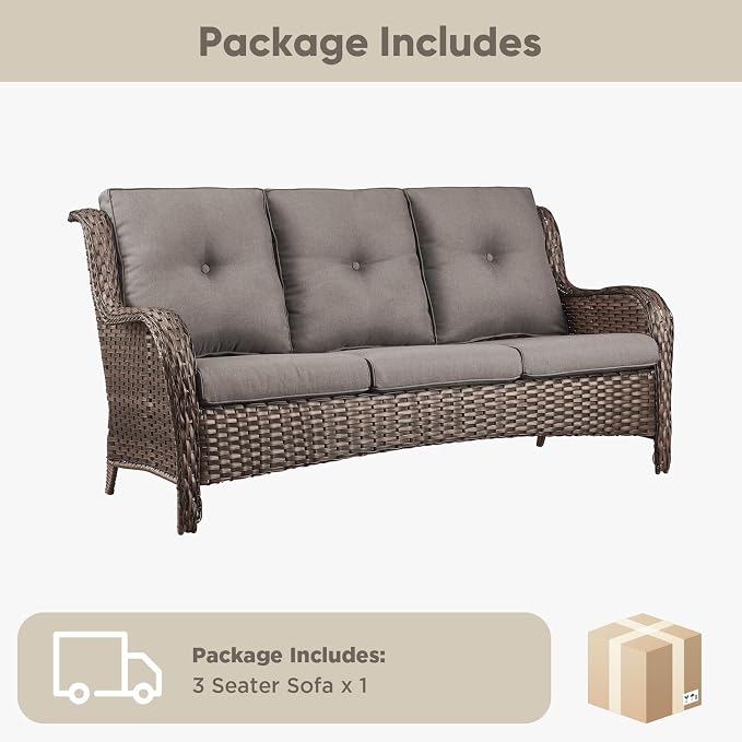 Belord Patio Sofa Luxury PE Wicker 3-Seater Outdoor Couch, Modern All-Weather High Back Deep Seat Woven Furniture Set for Porch, Deck, Balcony, Backyard - Brown/Grey