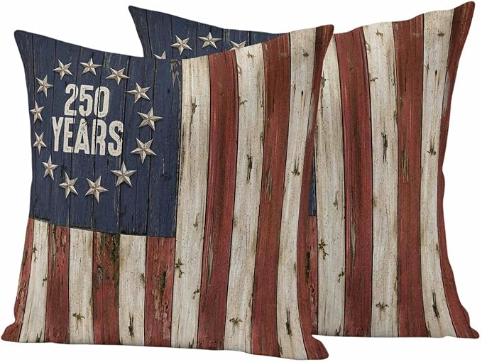250 Year Anniversary USA Outdoor Waterproof Throw Pillow Covers 26"x26" Set of 2, 4th of July Vintage Wood Decorative Garden Pillowcase with Zipper Cushion Case for Patio Couch Tent