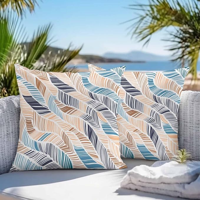 Vandarllin Outdoor Throw Pillows Covers 26x26 inch Set of 2 Waterproof Summer Beach Decorative Zippered Cushion Covers for Patio Furniture, Yellow Blue Ombre Abstract Leaf Lines Lumbar Pillowcases