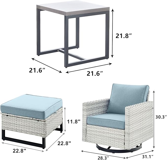Wicker Outdoor Patio Furniture Set - 5 Piece Patio Conversation Set with 2 Swivel Rocker Chairs,2 Rattan Ottoman and 1 Metal Side Table for Outside Porch Deck Backyard Garden(Light Grey/Sky Blue)