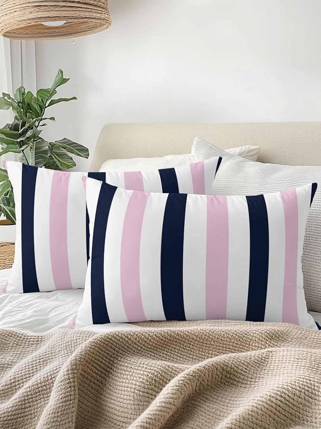 Outdoor Pillows Waterproof, Pink Navy Blue Striped Bedding Throw Pillows with Insert for Couch Sofa Bed, Farmhouse Stripe Art 12x20 Inch Pillowcases Decorative Camping Patio Pillow Set of 2
