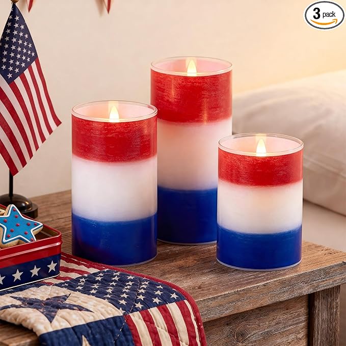 Tujoe 3 Pcs Patriotic Flameless Candles 4th of July LED Battery Pillar Candles Set Battery Operated Independence Blue Red and White Flickering Gifts with Remote Decorations for 250th Anniversary