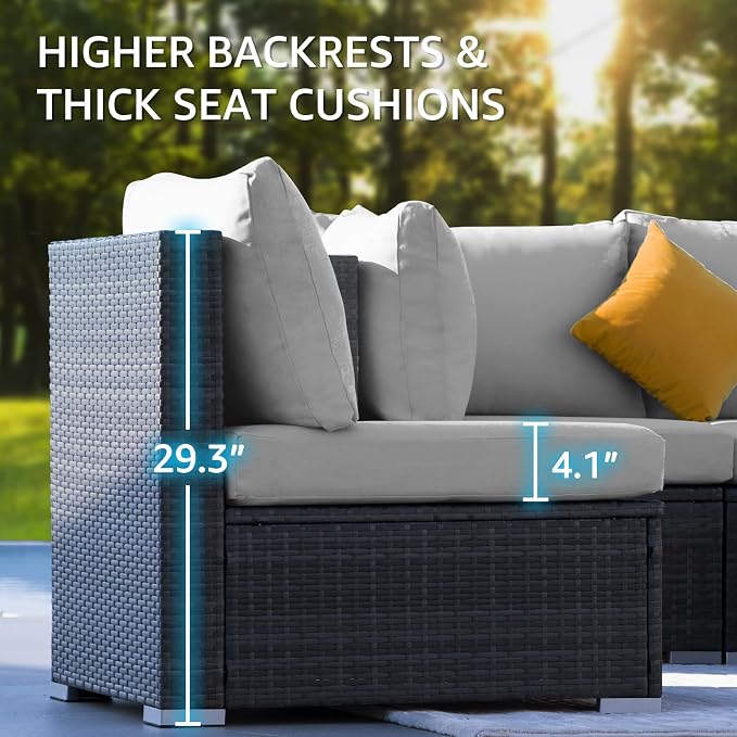 NICESOUL 11-Piece Patio Furniture with Chaise Lounge, Modern Wicker Outdoor Sectional with Fire Pit, Comfortable 29.3'' High-Back Conversation Seating, Heavy Duty All-Weather Couch Set, Light Grey