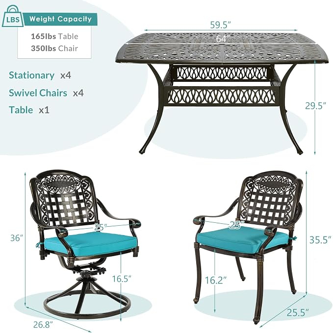 MEETWARM 9-Piece Outdoor Patio Dining Set for 8, All Weather Cast Aluminum Patio Funiture Table and Chairs Set- Large 64" Square Table and 4 Swivel Rocker Chairs, 4 Stationary for Garden, Ocean Blue