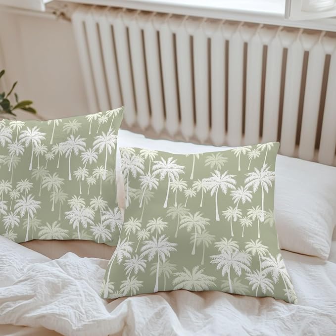 Throw Pillow Covers 26x26 Inch Set of 2, Tropical Palm Tree Waterproof Outdoor Pillow Covers, Sage Green Plants Coastal Leaf Beach Decorative Cushion Pillowcases for Couch, Sofa, Bed, Garden, Patio