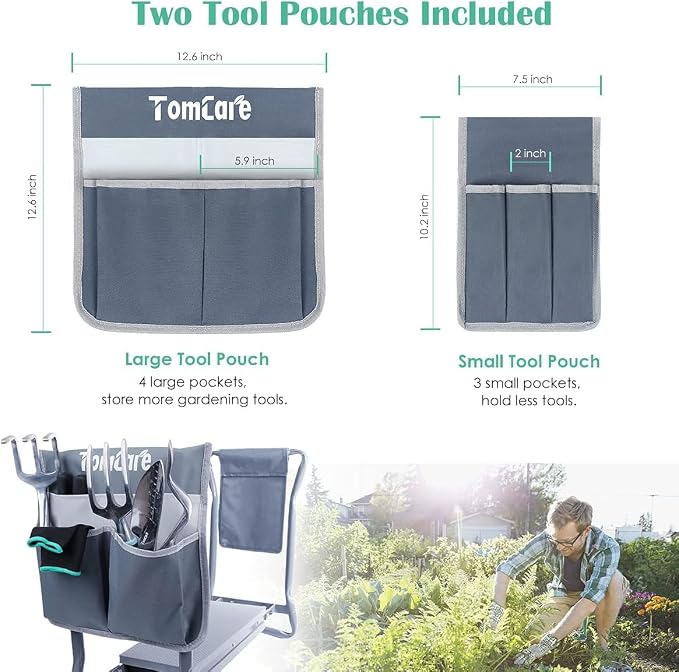 TomCare Garden Kneeler and Seat, Sturdy Garden Bench, Foldable Garden Stool | Heavy Duty Garden Seat, 2 Side Tool Pouches, Foldable Design, Gardening Gift for Women, Men and Gardeners, Gray