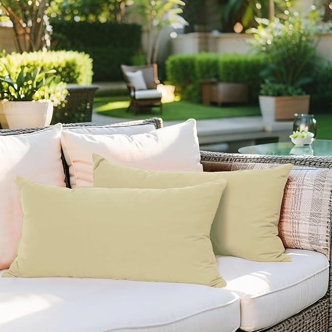 SK Studio Outdoor Water Resistant Throw Pillows, Decorative Patio Lumbar Cushions, Fluffy Furniture Garden Cushions for Home Patio Coach Sofa Use, Pack of 2, Beige, 20x20 Inch