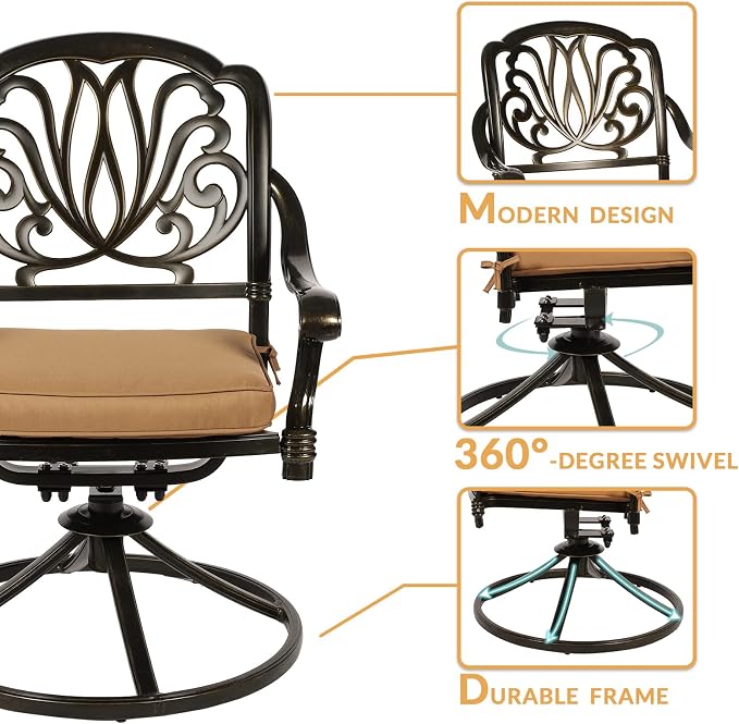 7-Piece Outdoor Patio Dining Set, 60” Rectangular Cast Aluminum Dining Table with Umbrella Hole and 4 Stationary, 2 Swivel Rocker Chairs, 6 Cushioned, Backyard, Patio, Garden