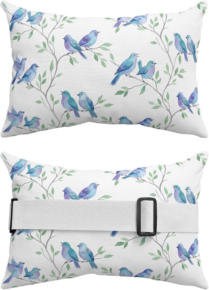 Outdoor Pillow for Chaise Lounge Chair Modern Watercolor Bird Tree Branch Headrest Pillow with Adjustable Elastic Strap Set of 1,11x16 inch, Botanical Leaves Blue Birds Head Pillows for Patio Pool