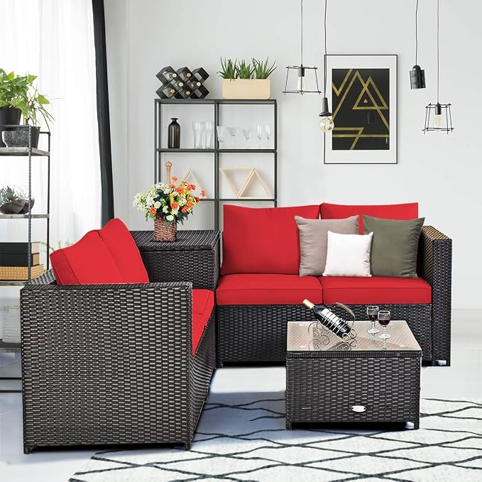 Tangkula 8 Piece Wicker Patio Set with Storage, All Weather-Proof Outdoor Conversation Set, with Loveseat, Glass Top Coffee Table & Storage Box, Suitable for Garden, Poolside, Sunroom (2, Red)