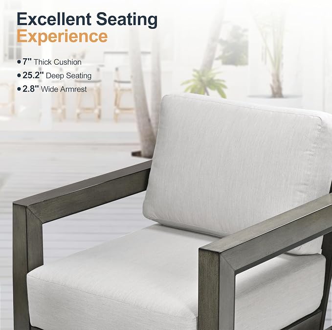 HAPPATIO Oversized Aluminum Patio Furniture Set, Outdoor Conversation Set 4 Pieces with 3-Seat Sofa, 2 Swivel Sofa Chairs, 1 Coffee Table, Extra Large Seat with Thicken Cushion for Deck Poolside,Grey