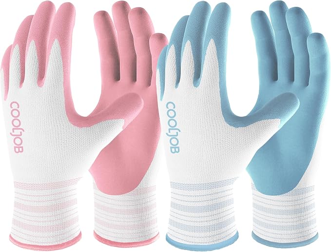 COOLJOB 2 Pairs Gardening Gloves for Women, Breathable Rubber Coated, M | Blue & Pink, Textured Latex Palm, Breathable Polyester Liner, Flexible Fit, Machine Washable, Women's Garden Gloves