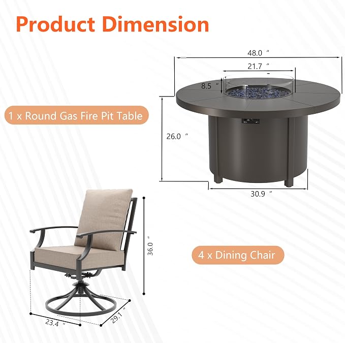 5 Pieces Outdoor Patio Furniture Set with 48" 55000 BTU Round Propane Fire Pit Table,Patio Dining Set Outdoor Conversation Sets 4 Swivel Chairs for Deck,Backyard and Garden,Brown