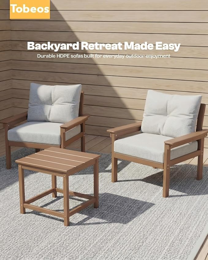 HDPE 7 Piece Patio Furniture Set, All-Weather Outdoor Couch Set with Thick Cushions & Table & Umbrella, Patio Conversation Sets for Lawn, Garden, Porch, Balcony, Deck, Poolside, Teak & Beige