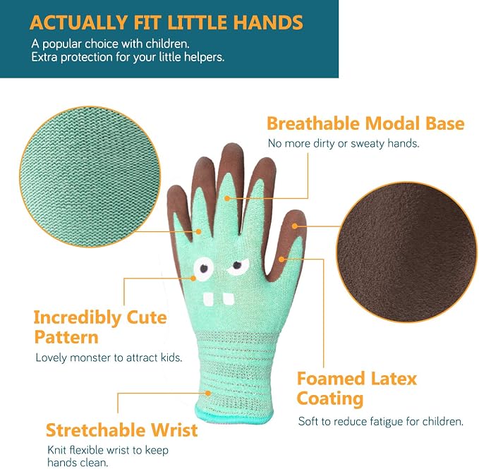 COOLJOB 2 Pairs Modal Toddler Work Gloves Ages 9-12, Rubber Coated Kids Gardening Gloves for Children, Ultra Soft Skin-friendly (Little Monster Series, Large L)
