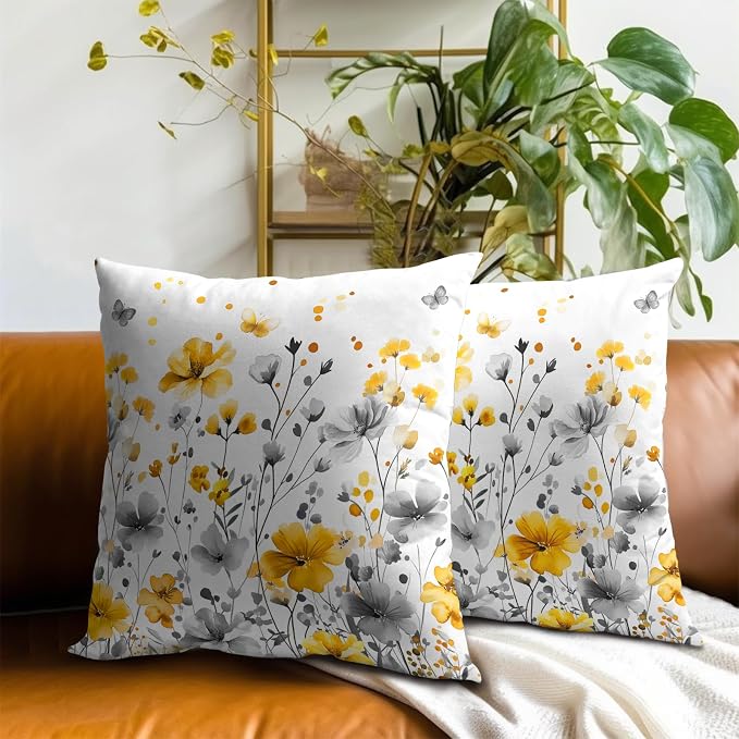 Watercolor Wildflowers Pillow Covers 16x16 Inch, Set of 2 Grey Yellow Spring Summer Blossom Floral Square Pillowcases Cotton Cushion Cover for Living Room Bed Sofa Home Decor