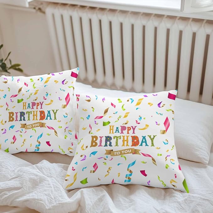 Vandarllin Outdoor Throw Pillows Covers 20x20 inch Set of 2 Waterproof Happy Birthday Decorative Zippered Cushion Covers for Patio Furniture, Colorful Ribbon Celebration Lumbar Pillowcases