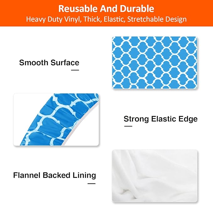 KENOBEE 8ft Picnic Table and Bench Cover, Camping Essentials RV Gear, 96 in Waterproof Windproof Outdoor Elastic All Around Tablecloth, Fitted Rectangle Tables and Seats, Blue-White Moroccan