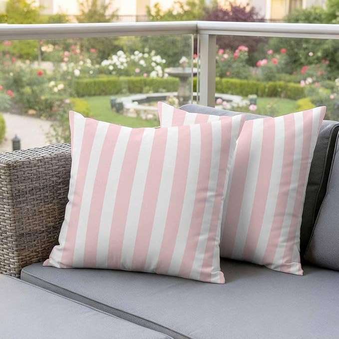 Pink Striped Outdoor Waterproof Throw Pillow Covers 16x16 Set of 2, Modern Farmhouse Pink White Stripes Decorative Pillowcases Cushion Pillowcase for Couch Sofa Patio Outside Pillow Protector
