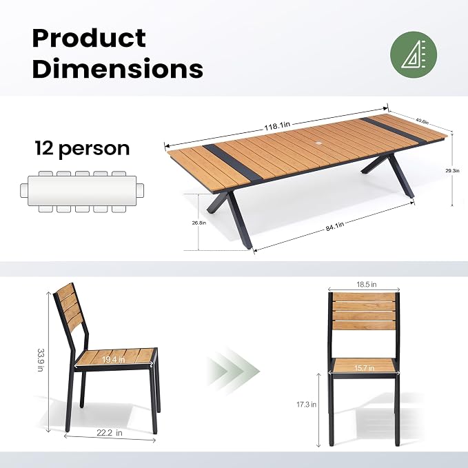 Pellebant 13 Piece Patio Table and Chairs Set, Aluminum Outdoor Dining Set with Umbrella Hole, 118" Dining Table & Stackable Chairs, Weather Resistant Teak Wood Grain Finish for Deck, Porch, Backyard