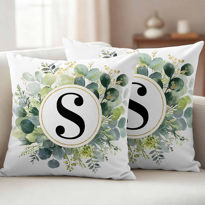 Letter S Waterproof Outdoor Pillow Covers Set of 2 Home Decor, Alphabet Green Eucalyptus Leaves Pillowcase Patio Pillow Covers for Couch Bench Patio Furniture Garden 16x16in