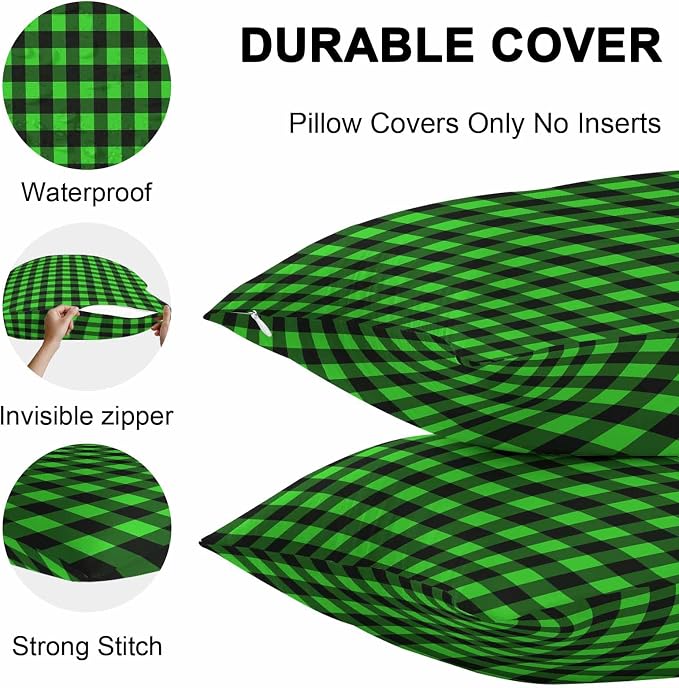 Outdoor Waterproof Throw Pillow Covers Set of 2 Green Buffalo Plaid Pillowcases 24x24 Inches Pastoral Black Checked Decorative Pillows Cushion Case Patio Pillows for Couch Bed Chair Garden