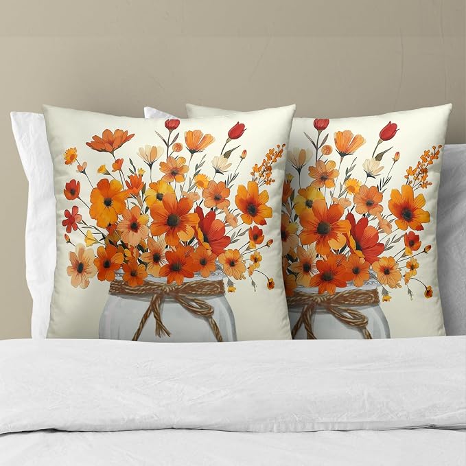 Autumn Flower Throw Pillow Covers 16 x 16 Inches Set of 2,Watercolor Orange Floral Jar Fall Seasonal Pillowcase Square Cushion Cover for Home Living Room Bed Sofa Car