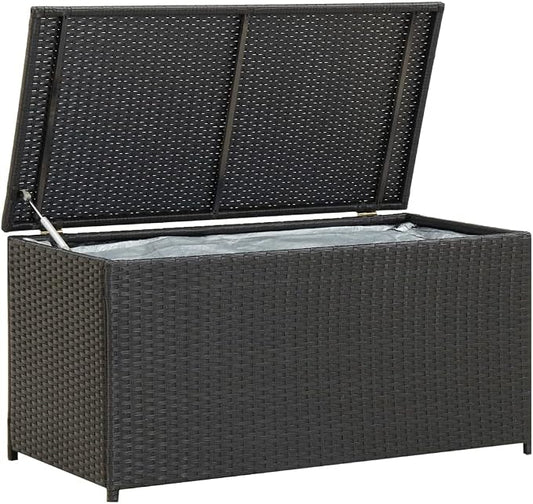 Patio Storage Box Outdoor Deck Box 39.3"x19.6"x19.6" Black Poly Rattan with PE Liner, Gas Lift & Elevated Feet for Garden Pool Toys Furniture Cushions