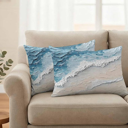 Outdoor Pillow Covers Set of 2, Abstract Ocean Scene Oil Painting Art Decorative Throw Pillow Covers 20X12IN, Natural Sea Wave Beach Throw Pillows Protector Cushion Case for Patio,Couch,Sofa,Garden