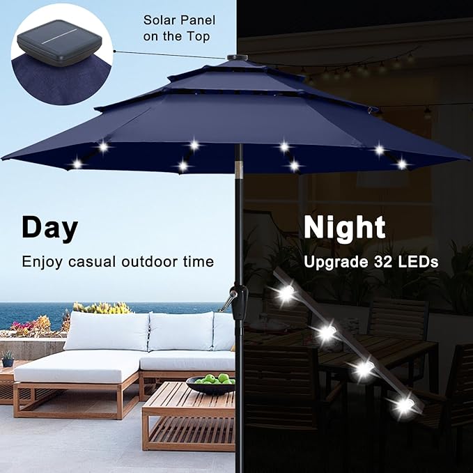 ABCCANOPY 10FT Solar Led Patio Umbrella 3-Tiers(Navy Blue)