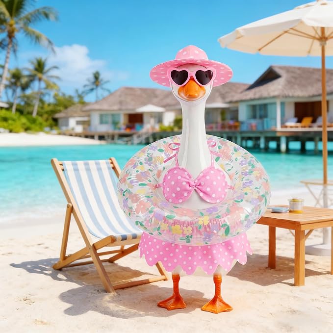 hoyuwak Bikini Goose Outfits Summer Hawaiian Porch Goose Outfits with Swimming Ring Sunglasses Hat for 23" Geese Yard Decor