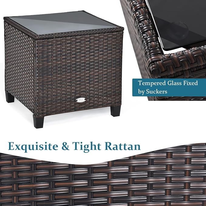 DORTALA Wicker Patio Furniture Set 3 Piece, Outdoor Table and Chairs with Tempered Glass Tabletop, Cushions, Small Rattan Conversation Sofa Set for Balcony, Porch, Backyard, Deck, Peacock Blue