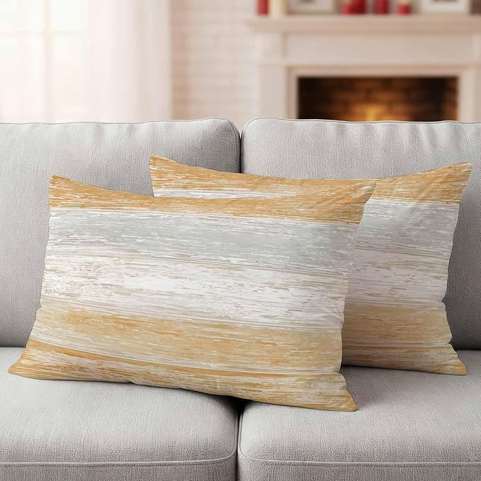 Orange Gray Outdoor Pillow Covers 20"x12" Set of 2, White Gradient Rustic Striped Minimalist Country Waterproof Throw Pillow Covers for Patio Furniture, Decorative Cushion Covers for Porch