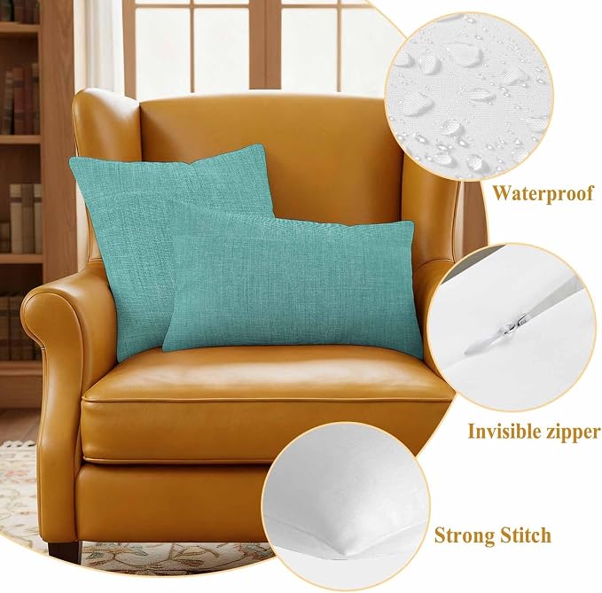 Outdoor Waterproof Throw Pillow Covers Set of 2 Turquoise Linen Pillowcases 18x18 Inches Farmhouse Pure Color Decorative Pillows Cushion Case Patio Pillows for Couch Bed Chair Garden