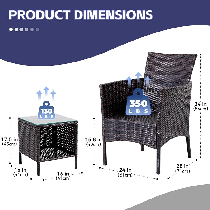 3 Pieces Patio Furniture Sets Outdoor PE Rattan Small Patio Furniture Set with Soft Cushion and Glass Coffee Table with Storage for Garden Backyard Porch Weather-Resistant (Brown/Beige-1)