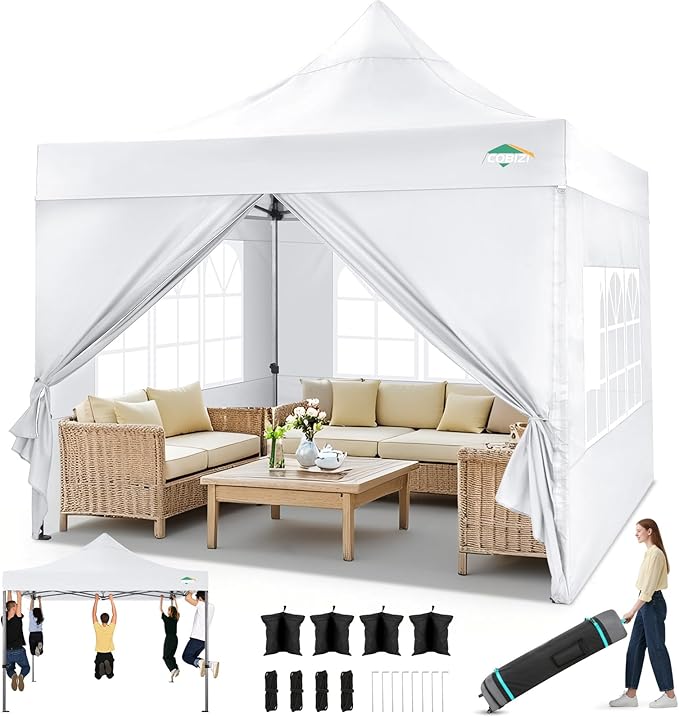 COBIZI 10x10 Pop up Canopy Tent Heavy Duty, Easy Set-up Commercial Outdoor Party Tent, 100% Waterproof Wedding Tents Gazebo, 3 Height Adjustable with Wheeled Bag, White