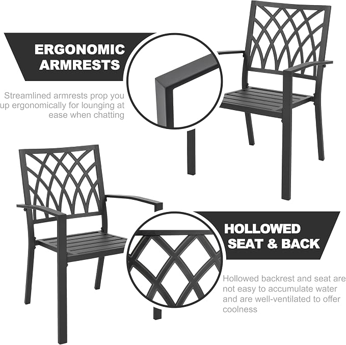 NUU GARDEN 7-Piece Outdoor Dining Set for 6, Patio Wood-Grain Table and Stackable Chairs Set with Umbrella Hole, 7 Pieces Metal Outdoor Furniture Set for Patio, Garden, Backyard, Black