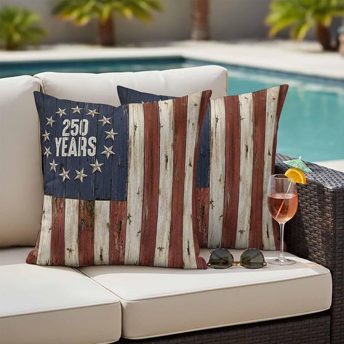 250 Year Anniversary USA Outdoor Waterproof Throw Pillow Covers 18"x18" Set of 2, 4th of July Vintage Wood Decorative Garden Pillowcase with Zipper Cushion Case for Patio Couch Tent