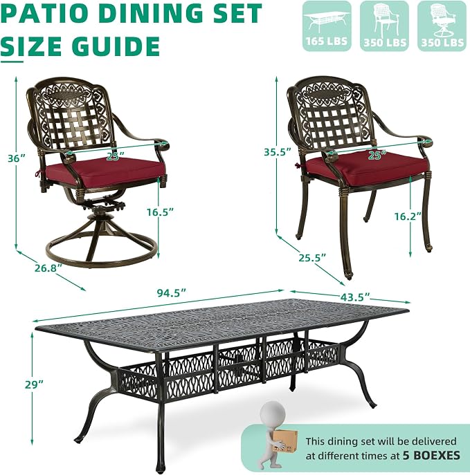 VIVIJASON 9-Piece Outdoor Dining Set, Cast Aluminum Patio Table & Chair Furniture Set for 8, Include 94.5" Rectangular Table, 2 Swivel Rocker Chairs, 6 Stationary Chairs, Umbrella Hole, Red Cushion