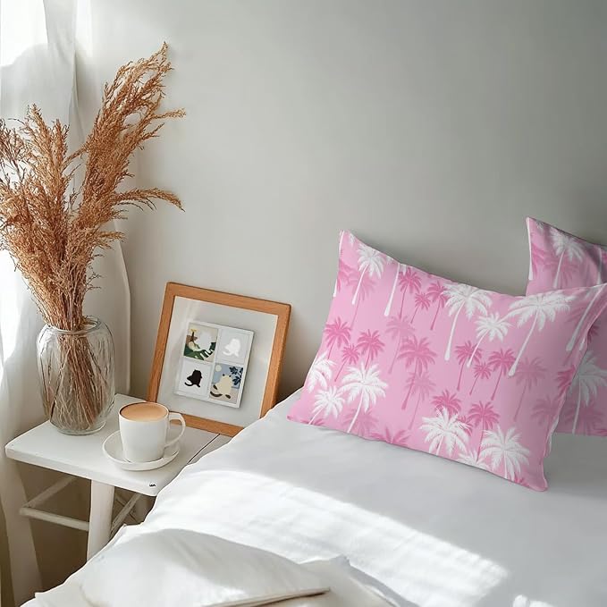 Lumbar Pillow Covers 20x12 Inch Set of 2, Tropical Palm Tree Waterproof Outdoor Pillow Covers, Magenta Pink Plants Coastal Leaf Beach Decorative Cushion Pillowcases for Couch, Sofa, Bed, Garden, Patio
