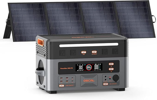 OSCAL 3600W with 1x200W Solar Panel, Portable Power Station, 2016Wh LiFePO4 Battery, 3600W(Peak 7200W) Solar Generator, 90 Min Fast Charge, 14 Ports, LED Light, Home Backup, RV, Camping & Outdoor