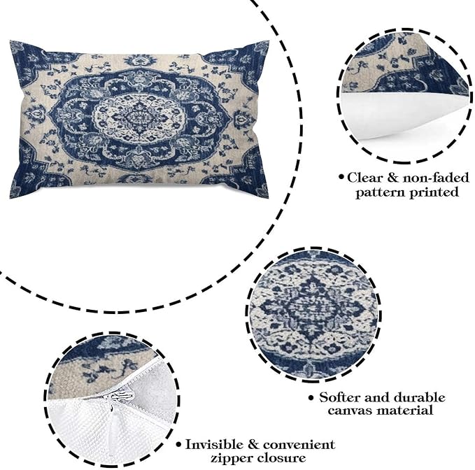 Set of 2 Classical Navy Blue Damask Pattern Pillow Covers 12x20in Farmhouse Canvas Cushion Covers Outdoor for Couch Chair Home Decor for Family Friends