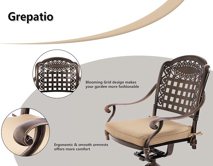 TITIMO 5-Piece Cast Aluminum Outdoor Patio Dining Set, 4 Pattern Chairs and Table,Cast Aluminum Conversation Set with 2.2” Umbrella Hole (Mesh Back Khaki Cushion, 1 Round Table + 4 Swivel Chairs)