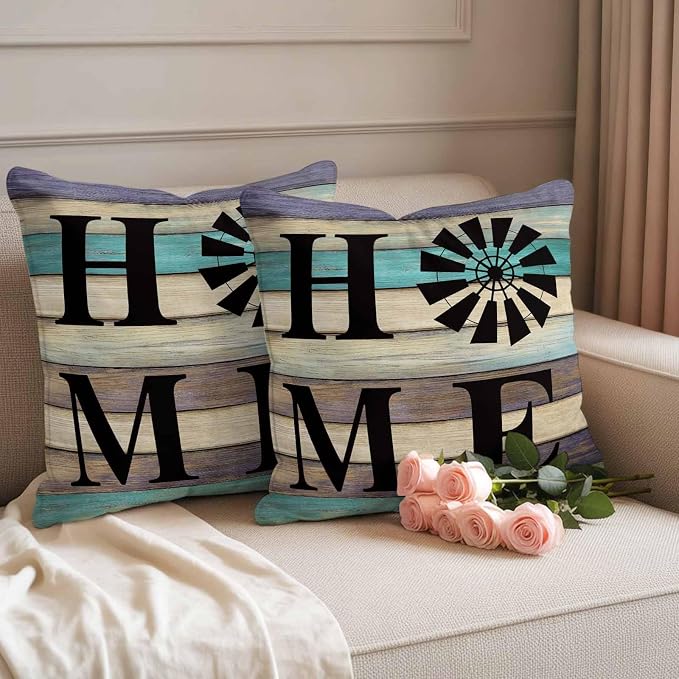Outdoor Pillow Covers Set of 2, Farm Home Windmill Decorative Throw Pillow Covers 18X18IN, Farmhouse Vintage Wood Board Throw Pillows Protector Cushion Case for Patio,Couch,Sofa,Garden