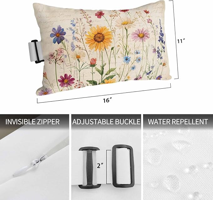 Spring Floral Outdoor Lumbar Pillow 12x20 Inch, Vintage Pastoral Rustic Botanical Flowers Waterproof Throw Pillow Covers with Insert, Decorative Headrest Pillows for Office Car Travel