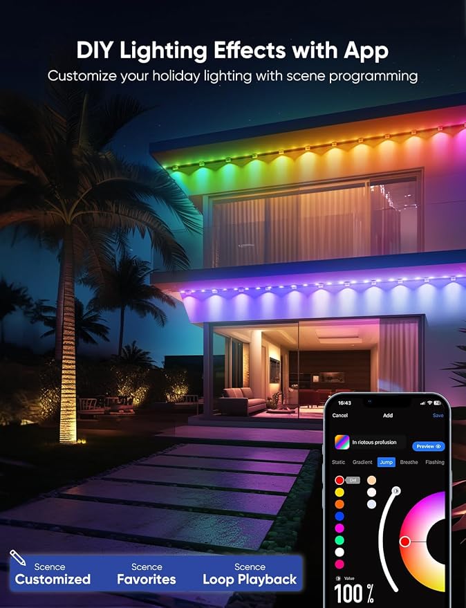 APPECK Permanent Outdoor Lights Pro, 100ft with 72 RGBCW Eaves Lights | Dual Lens, 72W, 80lm, Cuttable, IP67 Waterproof Lighting for Daily and Holiday Decor, Compatible with Alexa, Black