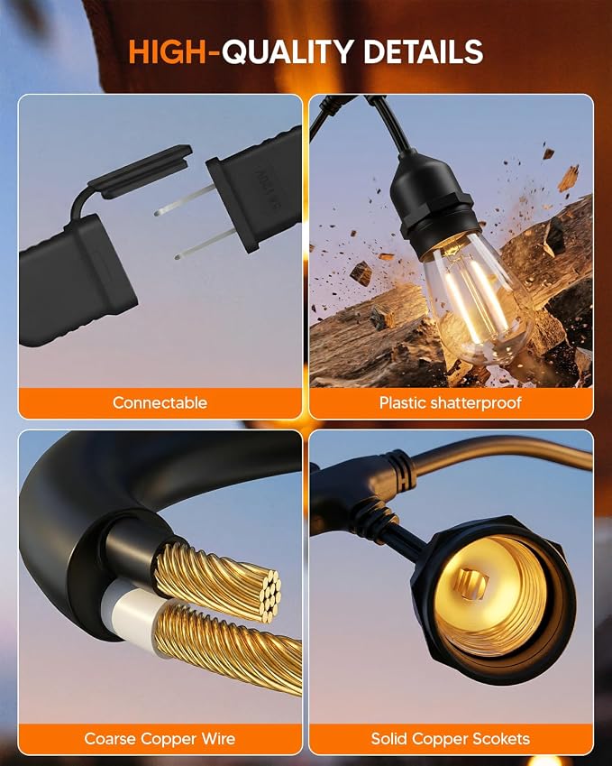 50FT S14 Outdoor String Lights, 32+2 Shatterproof Bulbs 2W, 1.5FT Spacing IP65 Waterproof| Dimmable with Remote, Heavy-Duty, Include Screw & Zip Ties for Patio Backyard Holiday Outside