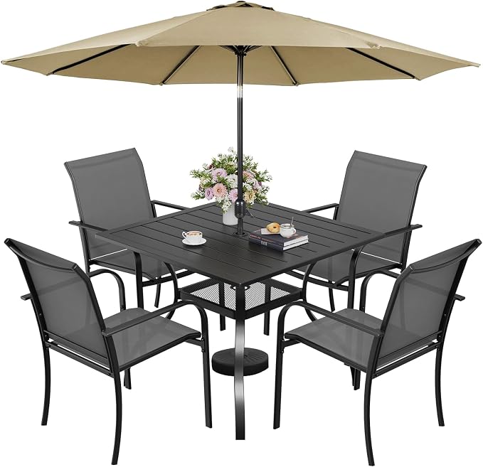 SUNCROWN 6 - Piece Outdoor Dining Set, Patio Furniture Set with 4 Textilene Dinning Chairs, 1 Steel Slat Metal Bistro Table and 1 Brown 9Ft Patio Umbrella for Lawn Garden Backyard Deck, Grey