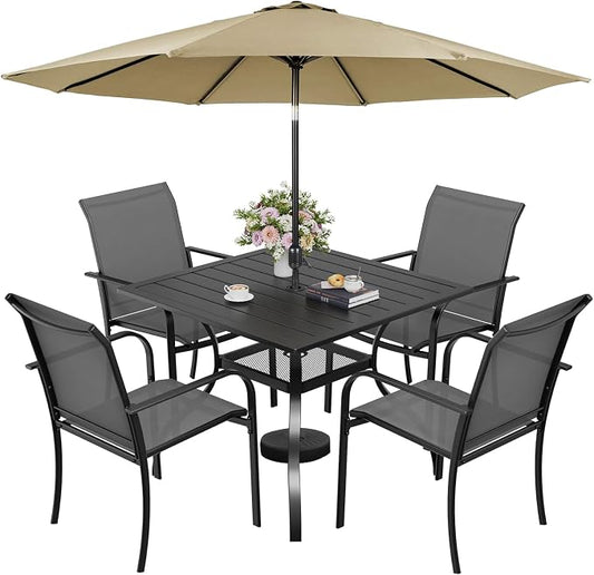 SUNCROWN 6 - Piece Outdoor Dining Set, Patio Furniture Set with 4 Textilene Dinning Chairs, 1 Steel Slat Metal Bistro Table and 1 Brown 9Ft Patio Umbrella for Lawn Garden Backyard Deck, Grey