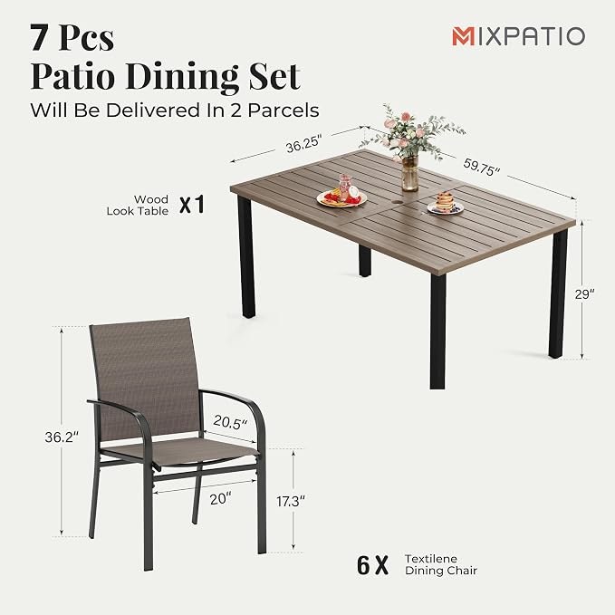 MIXPATIO Patio Table and Chairs Set, Outdoor Dining Set for 6 with Brown Chairs and Teak Color Tabletop Outdoor Dining Table, 7-Piece Patio Furniture Set for Deck Backyard Lawn